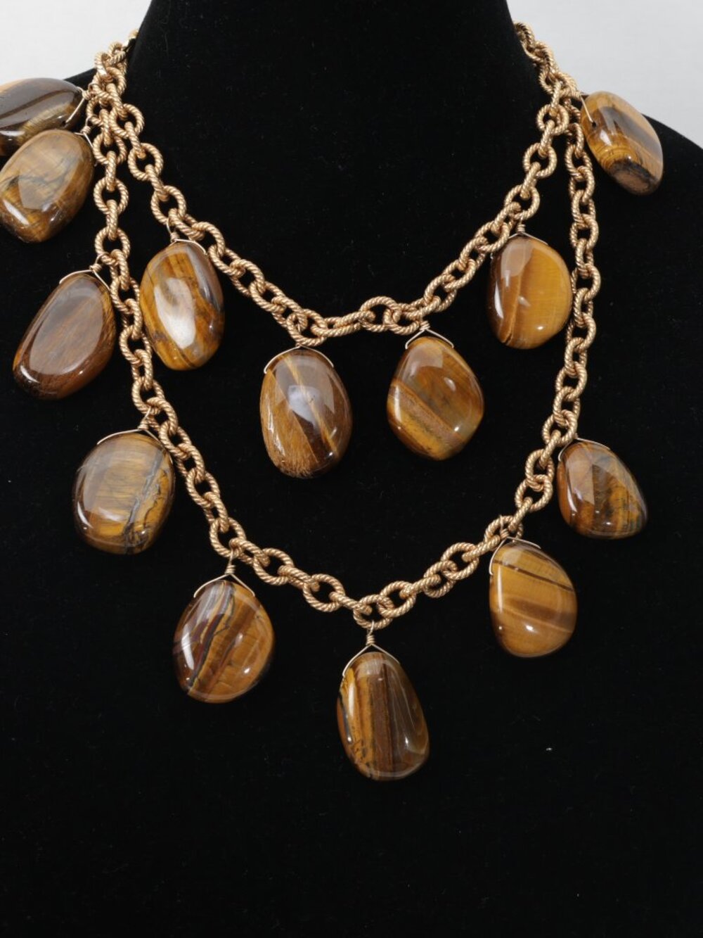 Vintage long genuine tiger's eye natural stone necklace on gold tone chain heavy - Picture 2 of 9